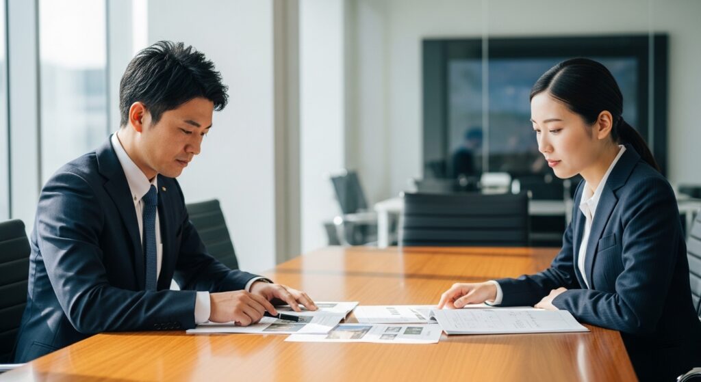会議室のデスクで資料を広げ、真剣に打ち合わせを行う男女の不動産スタッフ。