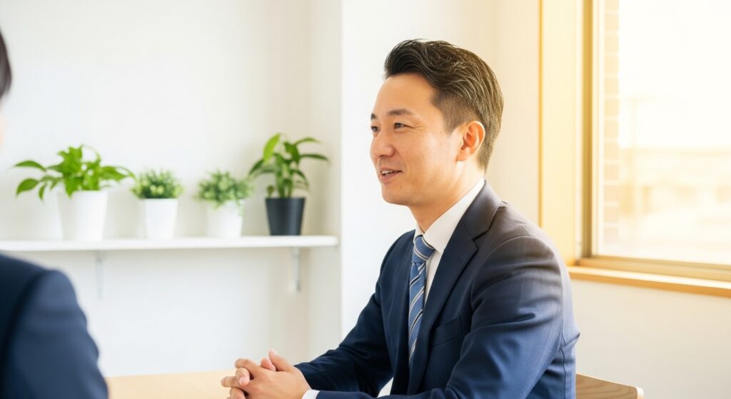 明るいオフィスで、笑顔で顧客の相談に乗るスーツ姿の男性スタッフ。