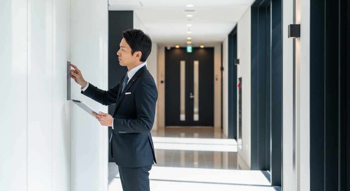 マンションの共用廊下で、タブレットを手に設備の点検を行うスーツ姿の男性。